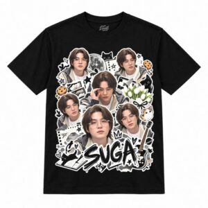 Camiseta preta BTS Suga Doodle Sticker Glasses com o Suga de óculos redondos