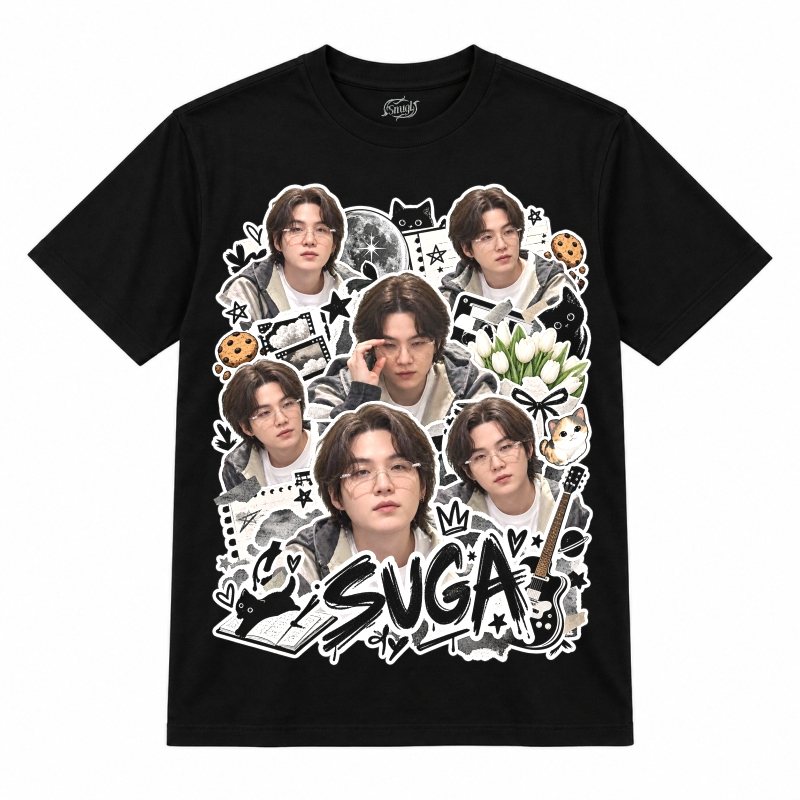 Camiseta preta BTS Suga Doodle Sticker Glasses com o Suga de óculos redondos