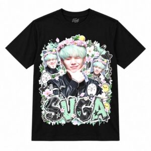 Camiseta preta BTS Suga Mint Flower Punk com o Suga de cabelo verde-menta