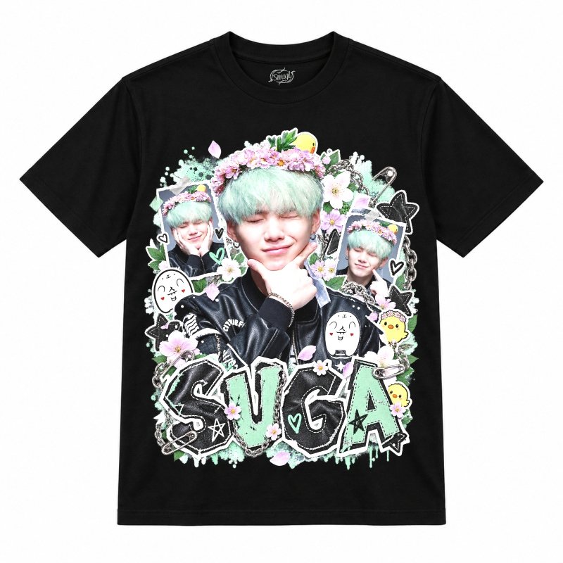 Camiseta preta BTS Suga Mint Flower Punk com o Suga de cabelo verde-menta