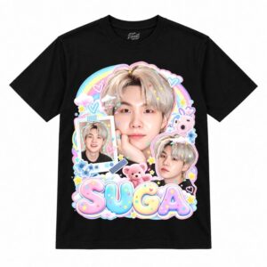 Camiseta preta BTS Suga Pastel Rainbow Cute com o Suga de cabelo cinza-claro