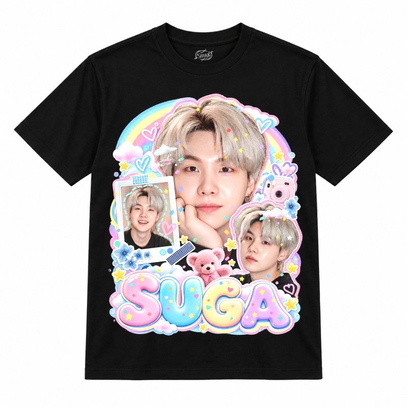 Camiseta preta BTS Suga Pastel Rainbow Cute com o Suga de cabelo cinza-claro