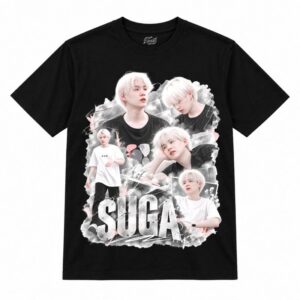 Camiseta preta BTS Suga Soft Gray Collage com o Suga de cabelo branco