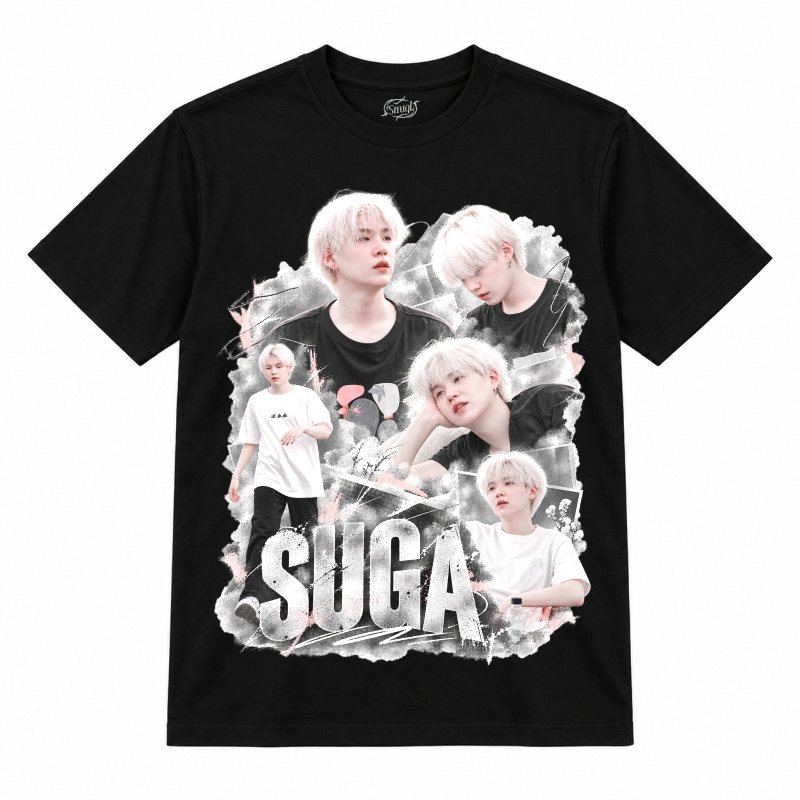 Camiseta preta BTS Suga Soft Gray Collage com o Suga de cabelo branco