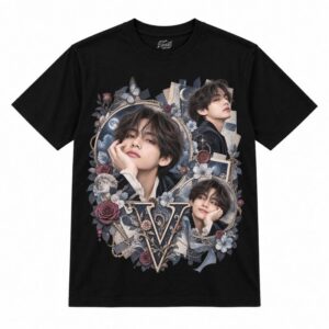 Camiseta preta BTS V Blue Rose Gothic Collage com o V de camisa de babados