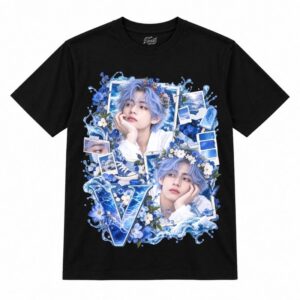 Camiseta preta BTS V Cobalt Water Floral Collage com o V de cabelo azul