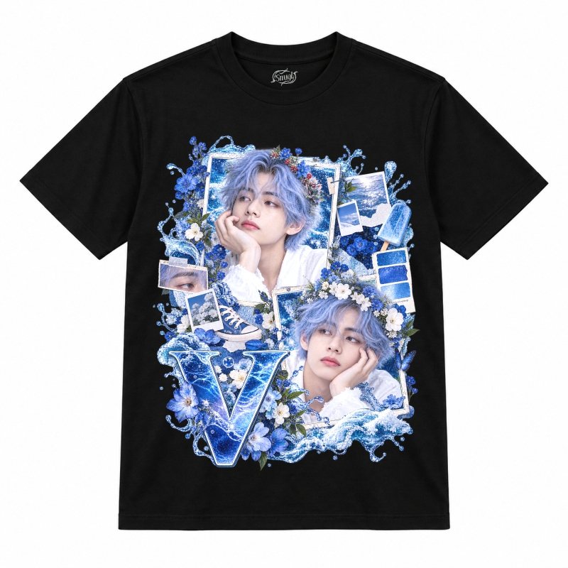 Camiseta preta BTS V Cobalt Water Floral Collage com o V de cabelo azul