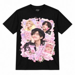 Camiseta preta BTS V Pink Y2K Cloud Collage com o V de boina preta