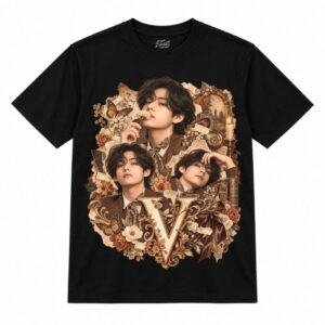 Camiseta preta BTS V Vintage Romantic Collage com o V de terno marrom