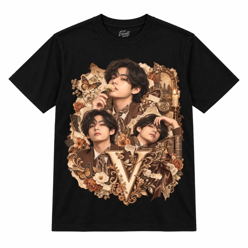 Camiseta preta BTS V Vintage Romantic Collage com o V de terno marrom