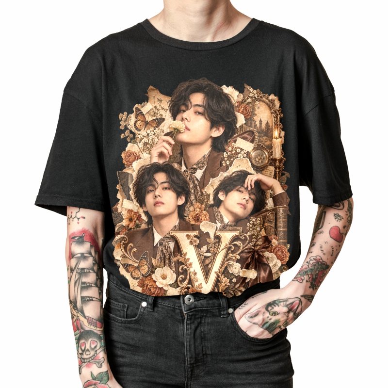 Pessoa vestindo a camiseta preta BTS V Vintage Romantic Collage, em close da estampa