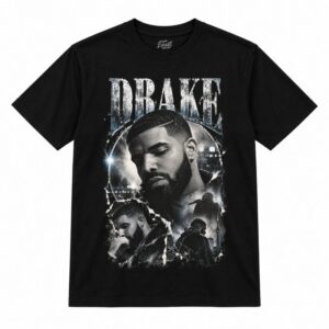 Camiseta preta Drake Black & White Editorial com o Drake em preto e branco