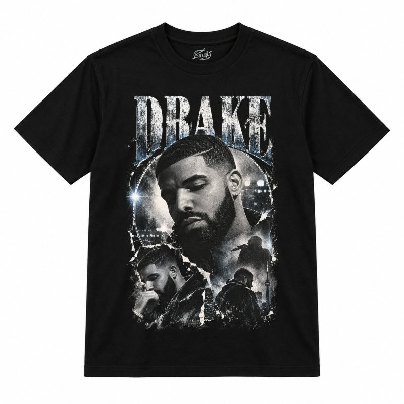 Camiseta preta Drake Black & White Editorial com o Drake em preto e branco