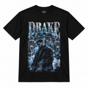 Camiseta preta Drake Icy Mansion com o Drake de casaco de pelúcia