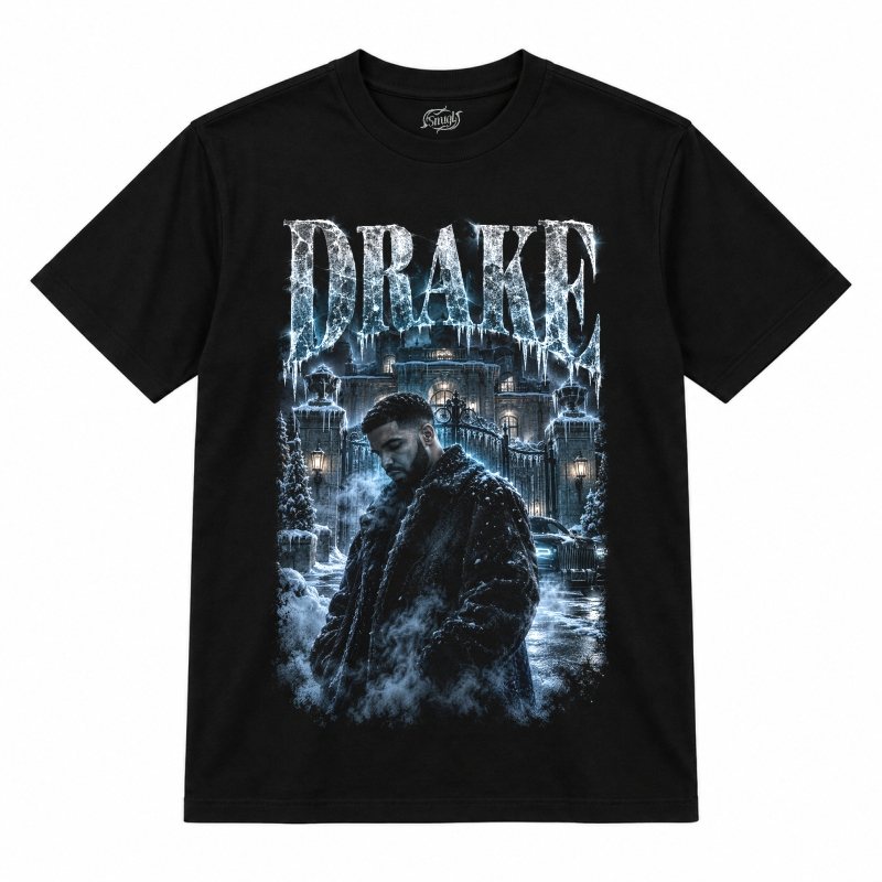 Camiseta preta Drake Icy Mansion com o Drake de casaco de pelúcia