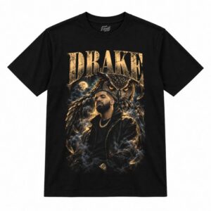 Camiseta preta Drake OVO Owl Nocturne com o Drake de jaqueta escura e corrente dourada