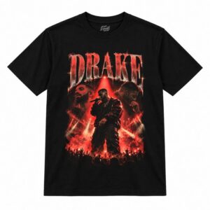 Camiseta preta Drake Red Stage com o Drake cantando ao microfone em um palco de luz vermelha