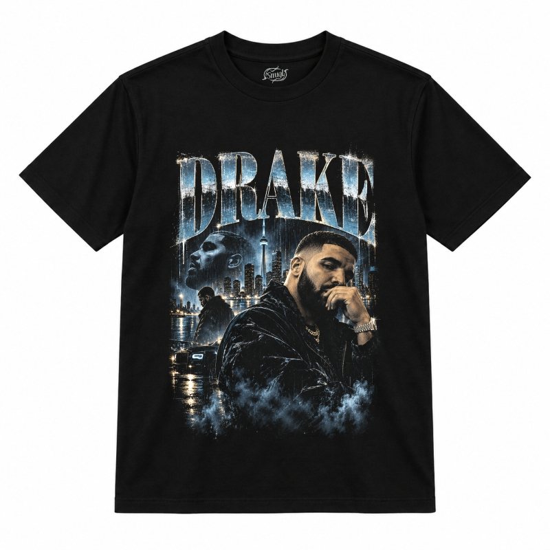 Camiseta preta Drake Toronto Noir com o Drake de casaco escuro