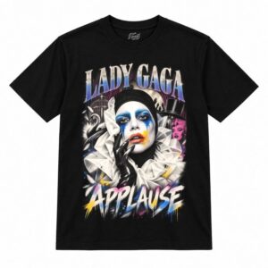 Camiseta preta Lady Gaga Applause com a Lady Gaga com maquiagem de palhaço em azul e amarelo