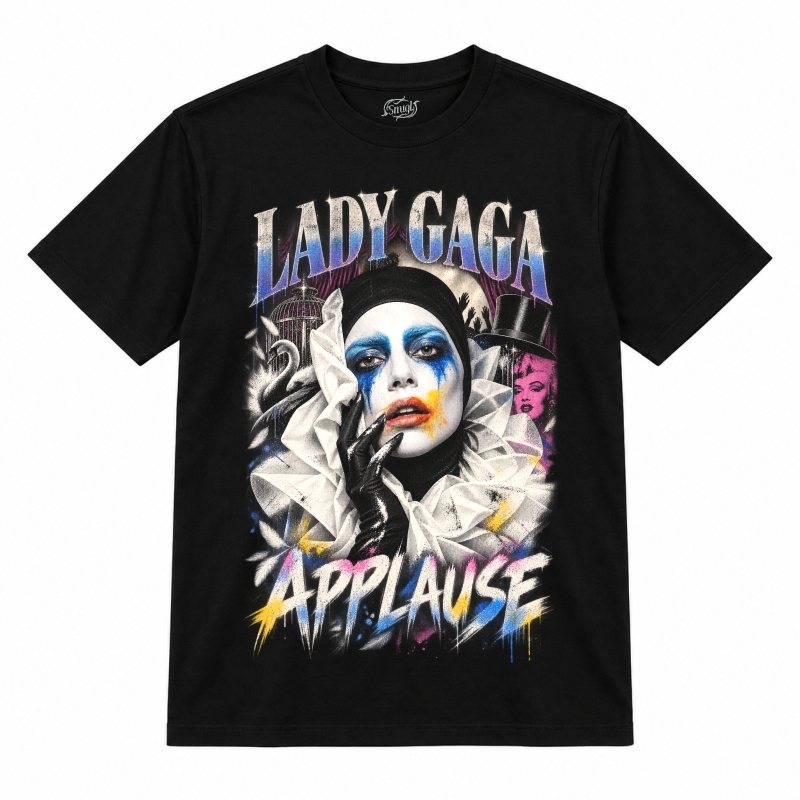 Camiseta preta Lady Gaga Applause com a Lady Gaga com maquiagem de palhaço em azul e amarelo