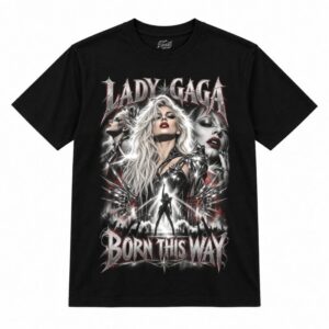 Camiseta preta Lady Gaga Born This Way com a Lady Gaga em preto e branco