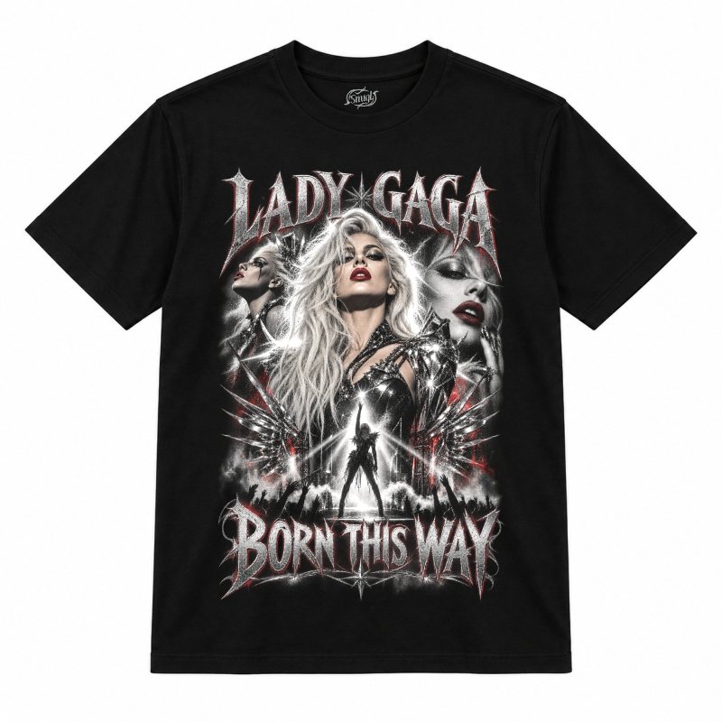 Camiseta preta Lady Gaga Born This Way com a Lady Gaga em preto e branco