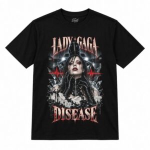 Camiseta preta Lady Gaga Disease com a Lady Gaga de cabelo preto molhado e luvas pretas