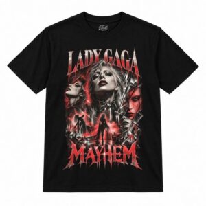 Camiseta preta Lady Gaga Mayhem com a Lady Gaga em tons de vermelho e preto