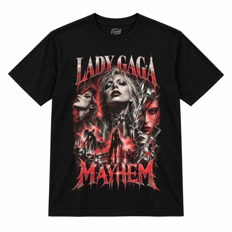 Camiseta preta Lady Gaga Mayhem com a Lady Gaga em tons de vermelho e preto