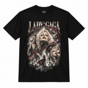 Camiseta preta Lady Gaga Pop Theatre com a Lady Gaga de cabelo platinado volumoso