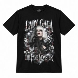 Camiseta preta Lady Gaga The Fame Monster com a Lady Gaga de cabelo platinado
