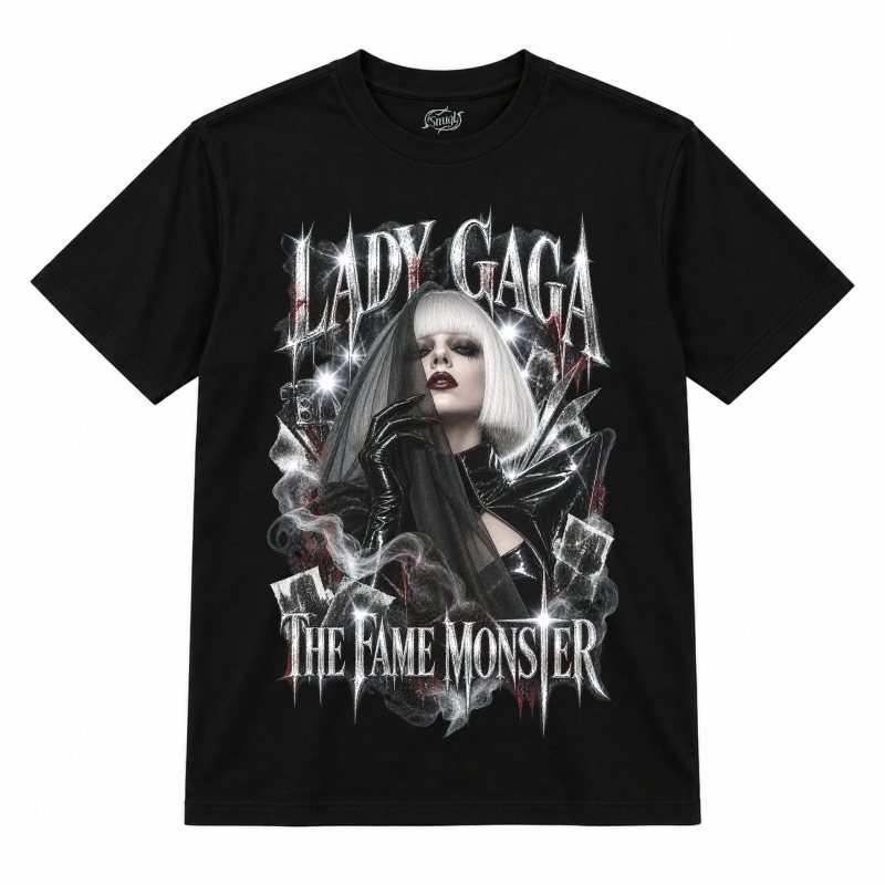 Camiseta preta Lady Gaga The Fame Monster com a Lady Gaga de cabelo platinado