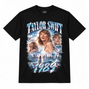 Camiseta preta Taylor Swift 1989 com a Taylor Swift em três retratos