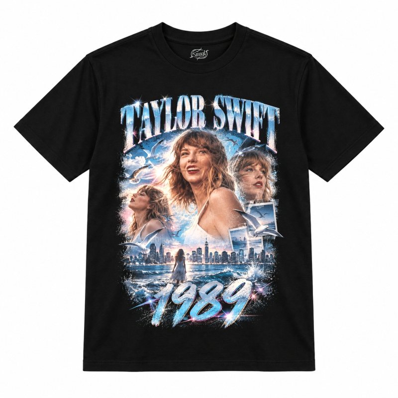 Camiseta preta Taylor Swift 1989 com a Taylor Swift em três retratos