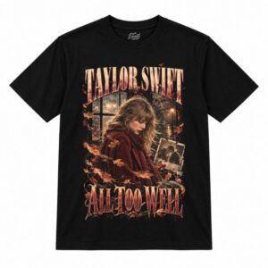 Camiseta preta Taylor Swift All Too Well com a Taylor Swift de casaco e cachecol vermelhos