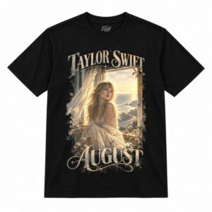 Camiseta preta Taylor Swift August com a Taylor Swift de vestido de renda