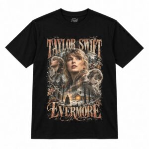 Camiseta preta Taylor Swift Evermore com a Taylor Swift em três retratos