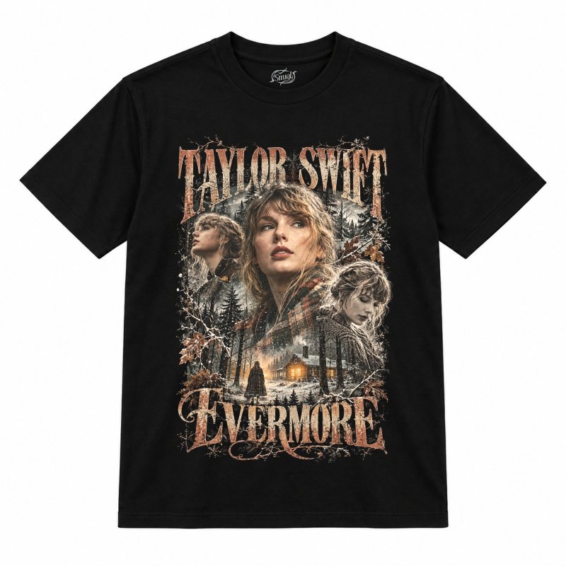 Camiseta preta Taylor Swift Evermore com a Taylor Swift em três retratos