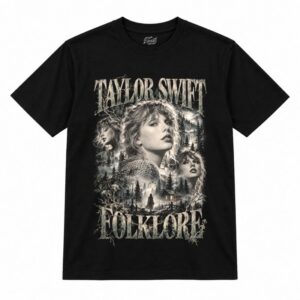 Camiseta preta Taylor Swift Folklore com a Taylor Swift em três retratos em preto e branco