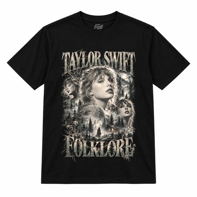 Camiseta preta Taylor Swift Folklore com a Taylor Swift em três retratos em preto e branco