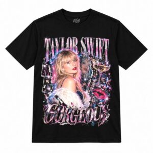 Camiseta preta Taylor Swift Gorgeous com a Taylor Swift de estola de pelúcia branca