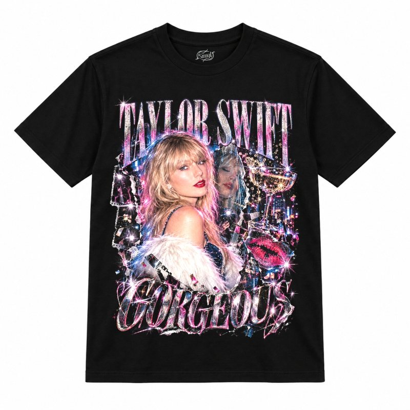 Camiseta preta Taylor Swift Gorgeous com a Taylor Swift de estola de pelúcia branca