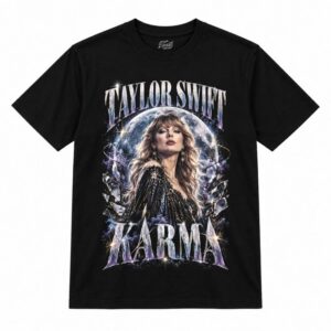 Camiseta preta Taylor Swift Karma com a Taylor Swift de vestido preto de lantejoulas