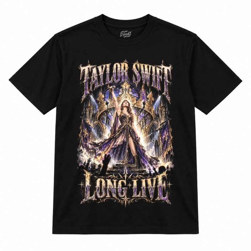 Camiseta preta Taylor Swift Long Live com a Taylor Swift de vestido longo roxo e dourado