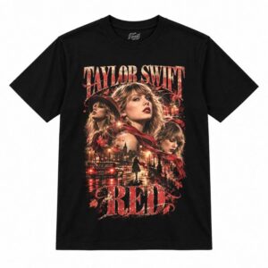 Camiseta preta Taylor Swift Red com a Taylor Swift de chapéu e cachecol vermelhos