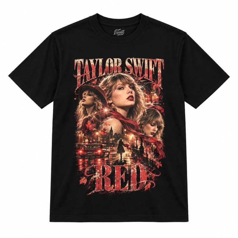 Camiseta preta Taylor Swift Red com a Taylor Swift de chapéu e cachecol vermelhos