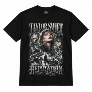 Camiseta preta Taylor Swift Reputation com a Taylor Swift de batom escuro