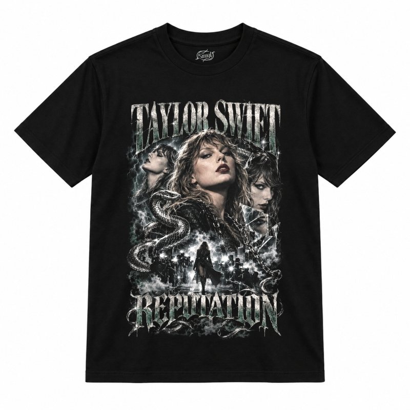 Camiseta preta Taylor Swift Reputation com a Taylor Swift de batom escuro