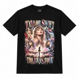 Camiseta preta Taylor Swift The Eras Tour com a Taylor Swift em vários retratos